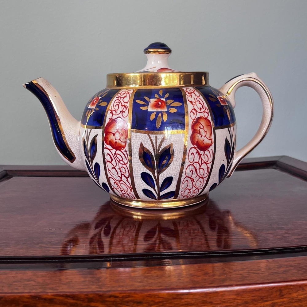 Sudlows Burlesom Gaudy Welsh‎ Tea Pot Cobalt Blue, rust and gold pattern
